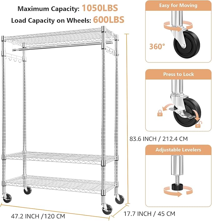 M MZG Heavy Duty Rolling Garment Rack 3 Tiers Adjustable Wire Shelving Clothes Rack with Rods and Side Hooks,Storage Closet Clothing Rack with Wheels Chrome 17.7" D x 47.2" W x 83.6" H