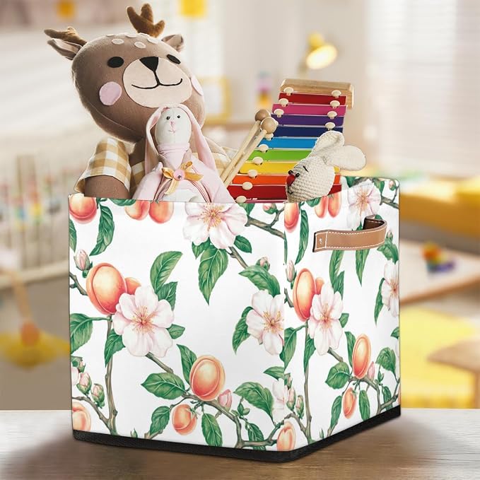 TropicalLife Floral Peach Storage Cube, 13 Inch Fabric Cube Storage Organizer Bin for Shelves Clothes, Decorative Foldable Storage Boxes