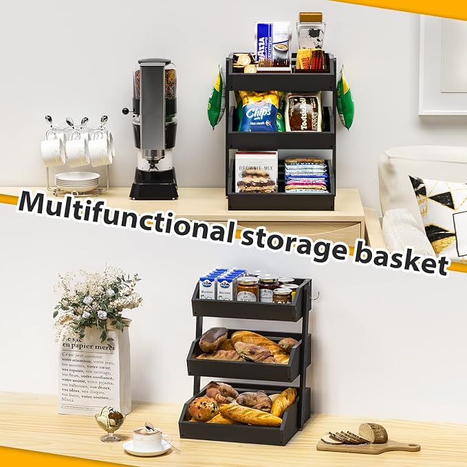 Gmtsl Bamboo Fruit Basket for Kitchen, Fruit Holder for Kitchen Countertop | 3 Tier Fruit bowl for Kitchen Counter, Fruit Stand, Vegetable Basket Storage, Produce Organizer, Bread Snack Display(BLACK)
