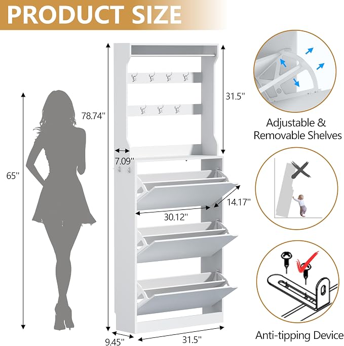 Wodeer Tall Shoe Cabinet with Coat Rack, Hidden Shoe Storage Cabinet with Doors & Drawer, Hanging Bar & Hooks, Slim Narrow Freestanding Shoe Rack Organizer for Entryway, Hallway & Living Room, White
