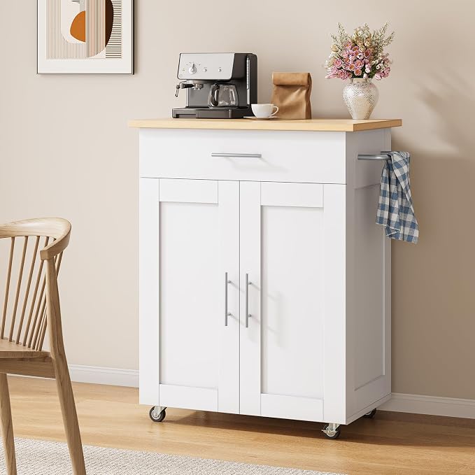 OtterOasis Kitchen Island Cart with Storage, Small Kitchen Island on Wheels with Large Drawer, Adjustable Shelf & Towel Rack, Rolling Island Table for Kitchen & Dining Room, White