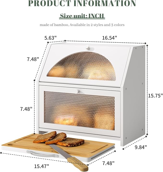STDDRE Bamboo Bread Box with Cutting Board, Double Layer Extra Large Bread Storage Bin with Door Panel for Kitchen Counter (White)
