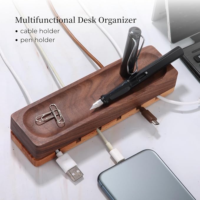 Magnetic Cord Holder with 6 Slots - Walnut & Beech Wood Cable Organizer for Lightning, USB, USB-C, Stick-on Design for Desk, Under Desk, Nightstand