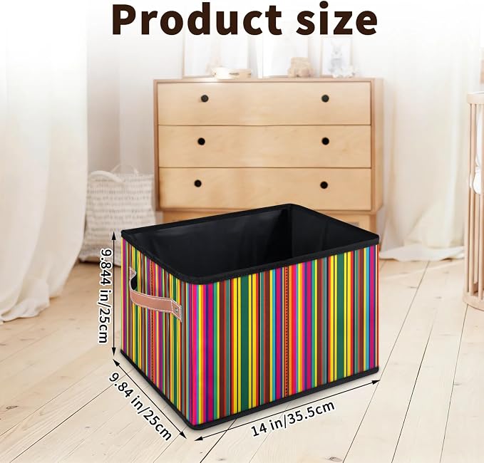 Mexican Stripes Closet Storage Bin, Foldable Storage Baskets for Shelves, Decorative Shelf Organizer Colorful Vertical Line Fabric Cube Bin for Living Room Bedroom Home Dorm