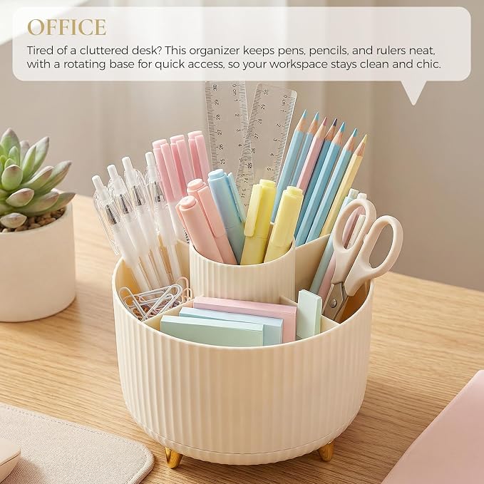 KONVINIT Pencil Pen Holder for Desk, 5 Slots 360 - Degree Rotating Desktop Organizer, Cute Desk Organizers and Accessories for School, Home, Office and Art Supply, Beige