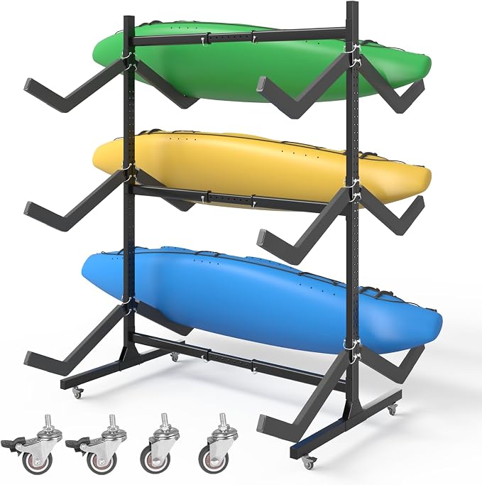 Freestanding Adjustable Kayak Storage Rack, 2 Sides Kayak Bracket, Durable Kayak Rack with Lockable Wheels for Indoor, Outdoor, Garage, Shed, Dock