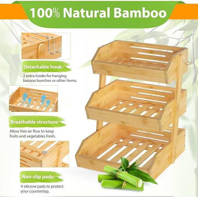 Gmtsl Bamboo Fruit Basket for Kitchen, Fruit Holder for Kitchen Countertop | 3 Tier Fruit bowl for Kitchen Counter, Fruit Stand, Vegetable Basket Storage, Produce Organizer, Bread Snack Display(Bamboo)