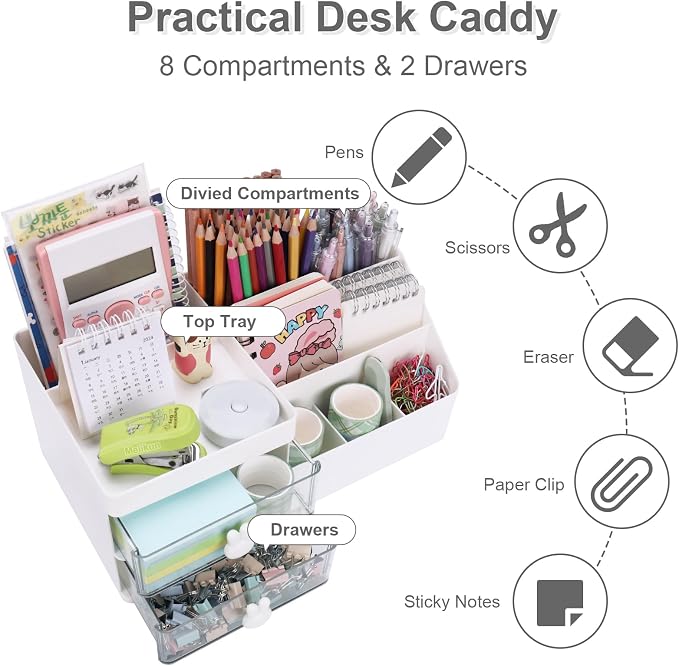 Meiikun Desk Organizer, Makeup Organizer with 2 Drawer, 7 Compartment & a Top Tray, Desktop Organizers and Storage for Women, Cute Home organization Bathroom, 11" x 5.7" x 4.7" (White)
