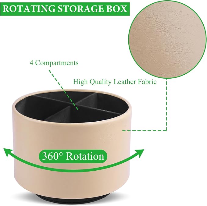 Round Leather Art Supply Organizer,Remote Control Holder,360 Degree Spinning,Multi-Functional Pencil Holder,4 Compartments Desktop Stationary Organizer(1-Oil Apricot)