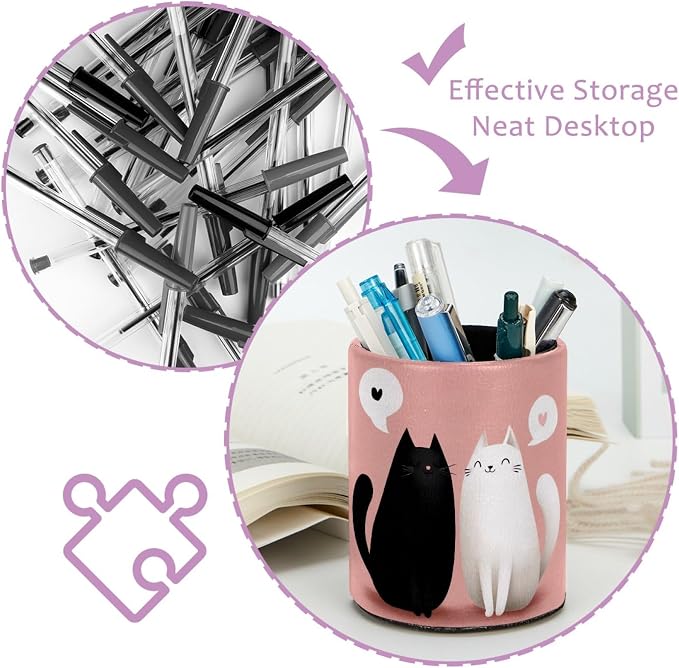 Black and White Cats Pen Holder Pencil Organizer for Desk, 3.1” x 3.1” x 3.9” Pencil Cup Office Supplies, Large Capacity Cute Pen and Makeup Brush Holder for Home, School, Desktop