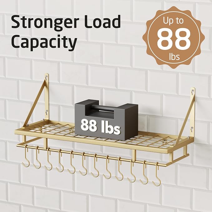 KES 30-Inch Gold Pot Rack, Wall Mounted Hanging Pot and Pan Organizer | 12 Sturdy Hooks, Elegant Modern Kitchen Wall Hanger Shelves, KUR215S75A-GD