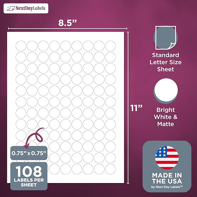 NextDayLabels 0.75 Inch Round Circle Stickers White for Bleeds Laser Inkjet - 108 Per Sheet Self-Adhesive Color Coding Inventory Labels Made in USA - 2700 Labels