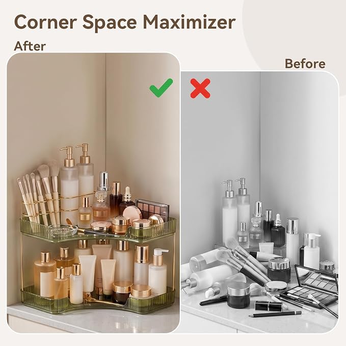 2-Tier Corner Bathroom Counter Organizer with Makeup Brush Holder, Green | Large Makeup Organizers for Vanity, Corner Bathroom Countertop Organizer for Cosmetic Perfume Skincare Storage