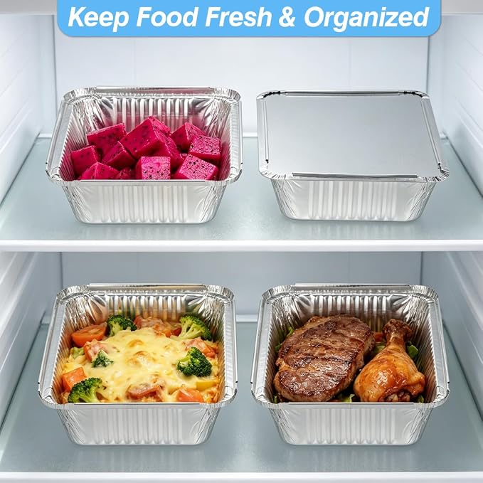 MOACOCK 100 Pack Aluminum Pans with Lids(8.5"×6"), 2.25lb Foil Pans with Board Lids, Disposable Take Out Food Containers, Foil Pans for Meal Prep Freezer Cooking Baking