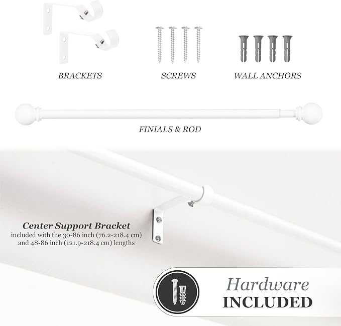 Kenney Chelsea Ball End Window Curtain Rod - Adjustable for Windows 48 to 86 Inches, Extendable Set, White