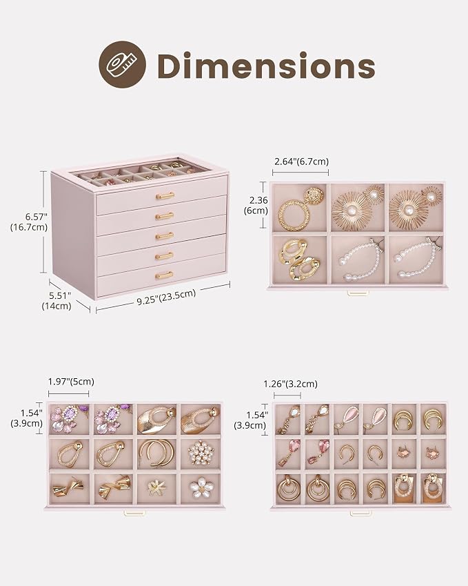 Lolalet Earring Organizer, Jewelry Box with Clear Lid -Pink, 5 Layer | PU Leather, Velvet, Removable Dividers, Dustproof, Easy Clean, For Studs Rings, Gift for Women Girls, Home Aesthetic Decor