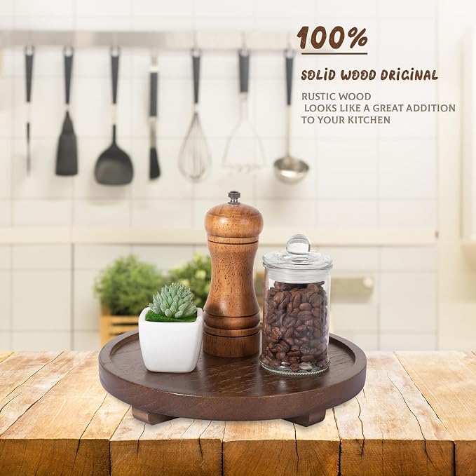 Round Decorative Tray Farmhouse Kitchen Decor Soap Dish, 9" Walnut | Waterproof, Lightweight, Easy Clean, Wood Riser Pedestal Stand Accessories for Office Desk, Vanity, Counter, Sink