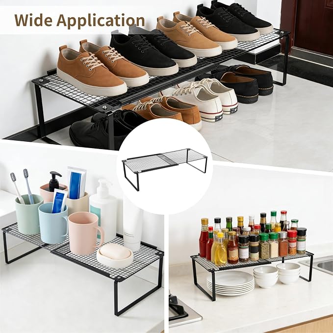Expandable Kitchen Cabinet Organizer, Stackable Metal Storage Shelves, Adjustable Spice Rack, Shelf Riser, Ideal for Kitchen Cabinet, Pantry, Bathroom & Office Storage (Black)