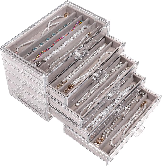 5 Drawerss Necklace Organizer Box, Tray with Clear Lid, Dustproof Velvet Necklaces Holder Storage Display Case, Gery Necklace Tray Drawer Insert for Pendant Suitable for Women and Girls (25 grids)