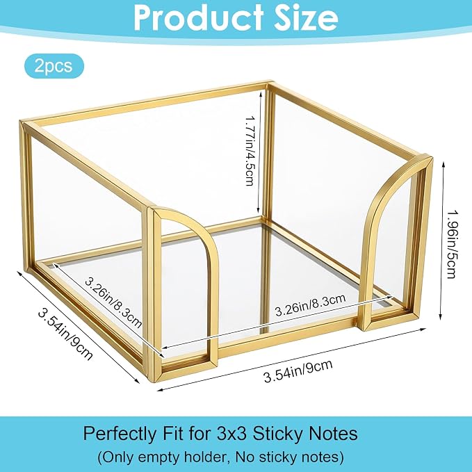 2-Pack Golden Glass Sticky Note Holder for Desk, Stick Note Holder Dispenser Organizer with Non-Slip Pads, 3.54x3.54x1.96 Inch Clear Memo Pad Holders for Office Supplies & Home Decor