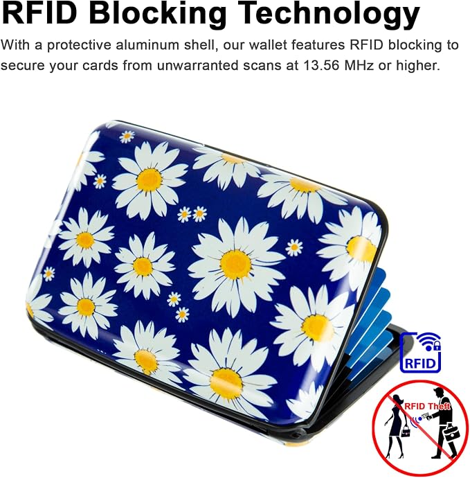 Credit Card Holder for Women Men RFID Blocking Wallet Small Business Metal Slim Mini Aluminum Hard Case (White Flowers Chamomile)