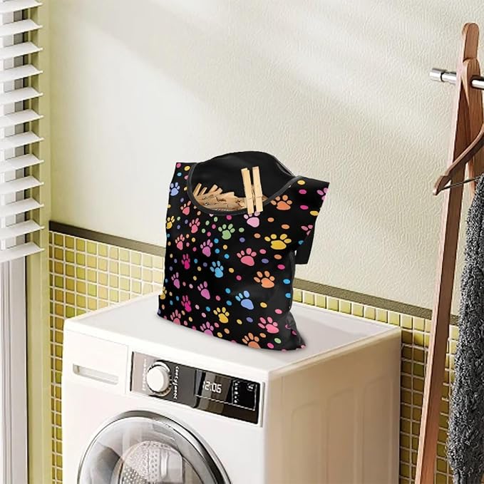 Dog Paw Print Laundry Clothespin Bags Hanging Storage Organizer 12 x 14.5 Inch Clothes Pin Bag Waterproof Clothespin Bag Clothespin Holder Large Opening and Hanging Rope