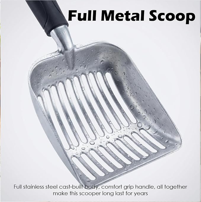 4-in-1 Cat Litter Scoop with Holder, Metal Litter Scoop Includes Portable Small Broom and Dustpan Set, Heavy Duty Stainless Steel Kitty Scooper, Quick Sift and Easy Clean