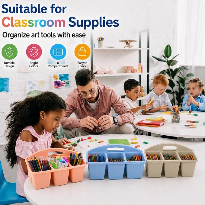 gisgfim 6 Pack Plastic Classroom Caddy with 6-Compartments Plastic Storage Caddies with Handle 6 Compartments Table Caddy Organizer Versatile Table Caddies for Classroom Office Storage, Morandi Color