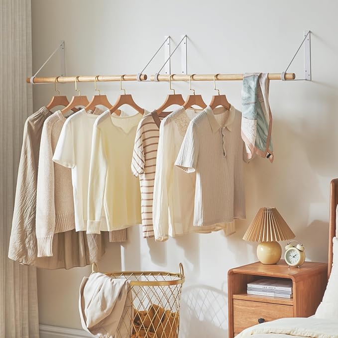 IBUYKE Wall Mounted Clothes Rack Set of 2, Wood Wall Mounted Clothes Rail, Space-Saving Hanging Closet Rod, Modern Wardrobe Coat Rack for Entrance, Wall, Door, Bathroom, Bedroom, White TYJ005W-2