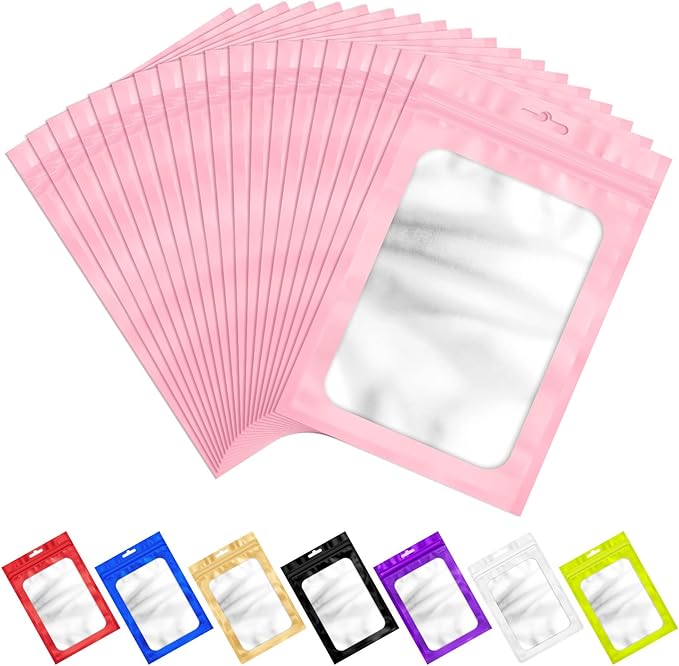 100 PCS Pink Resealable Mylar Bags with Zip and Frosted Clear Window Smell Proof Packaging Bags Foil Pouch Zip Bag for Food Self Sealing Storage Supplies 2.75×3.93