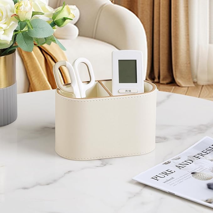 Pen Holder for Desk, Small Remote Control Holder, Beige | 2-Compartment Oval Pencil Cup with Soft Velvet Lining, PU Leather Desktop Organizer Caddy for Home School Office Desk
