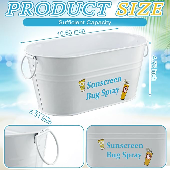 Blulu Sunscreen Bug Spray Storage Bucket Metal Poolside Basket Above Ground Pool Bin Summer Basket Outdoor Storage for Sunscreen Goggles Flip Flop Spf Swimming Camping Beach Accessories Decor(White)