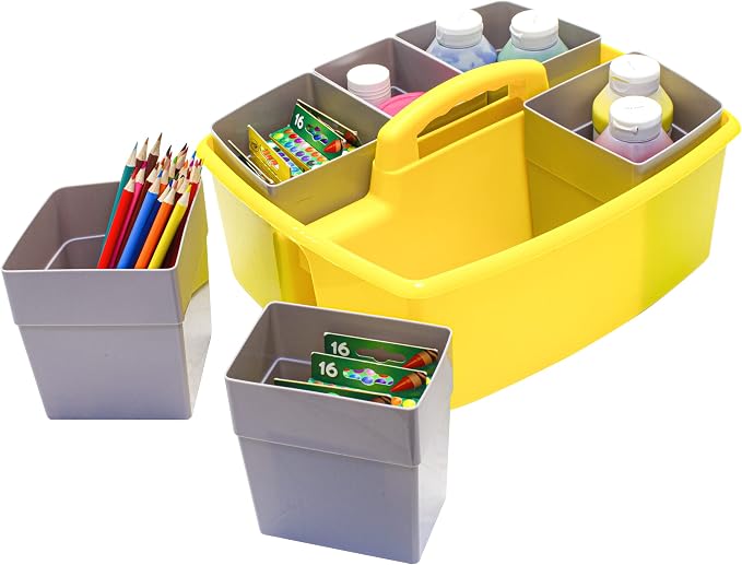 Storex Large Classroom Caddy with Cups, 13 x 11 x 6.575 Inches, Yellow, Case of 2 (00982A02C)