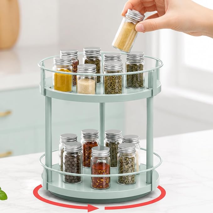 Mint Green Lazy Susan Organizer 2 Tier, Spice Rack Lazy Susan Organizer for Cabinet 10 Inch Rotating Spice Holder for Kitchen Countertop Pantry Dining Table Coffee Bar Storage