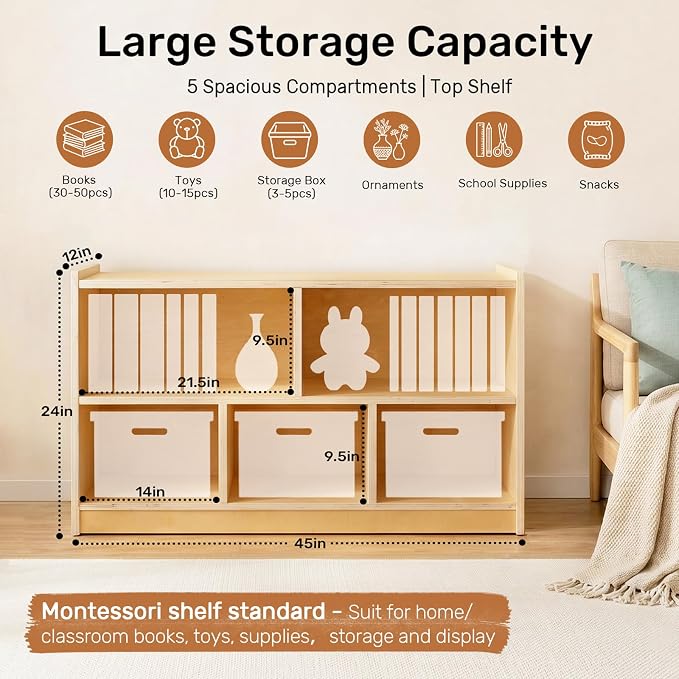 WINGYZ Montessori Bookshelf, 5-Section Wooden Storage Cabinet, Toy Storage Organizer with Kids Bookshelf, FSC Safety Montessori Toy Book Shelf for Kids Rooms, Classroom, Playroom, Daycare, Preschool