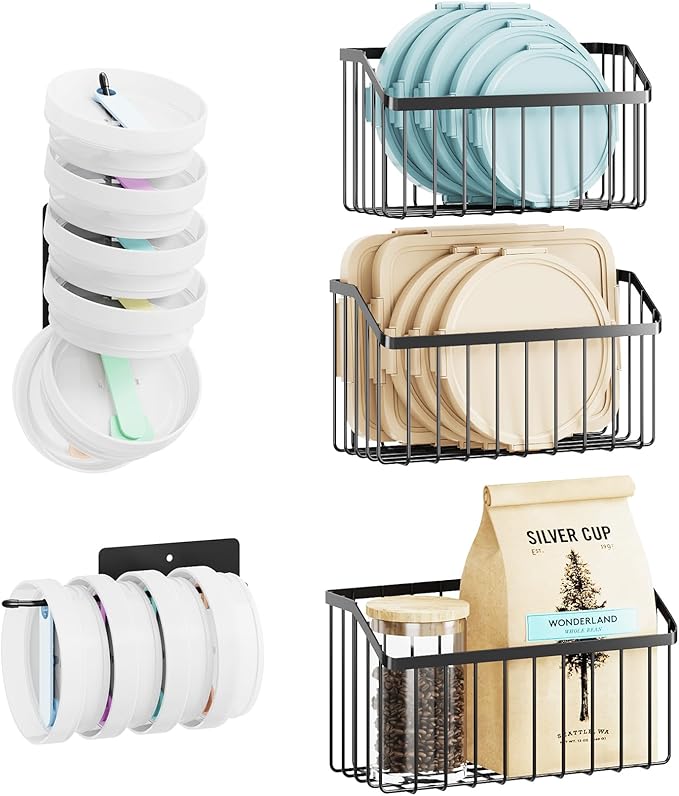 NiHome 5PCS Cabinet Door Lid Organizers Holders for Food Storage Container Lids Tupperware Tumblers Canning Lids, 3 Sizes Rustproof Metal Baskets for Spices, Toiletries, Under Sink or RV Storage