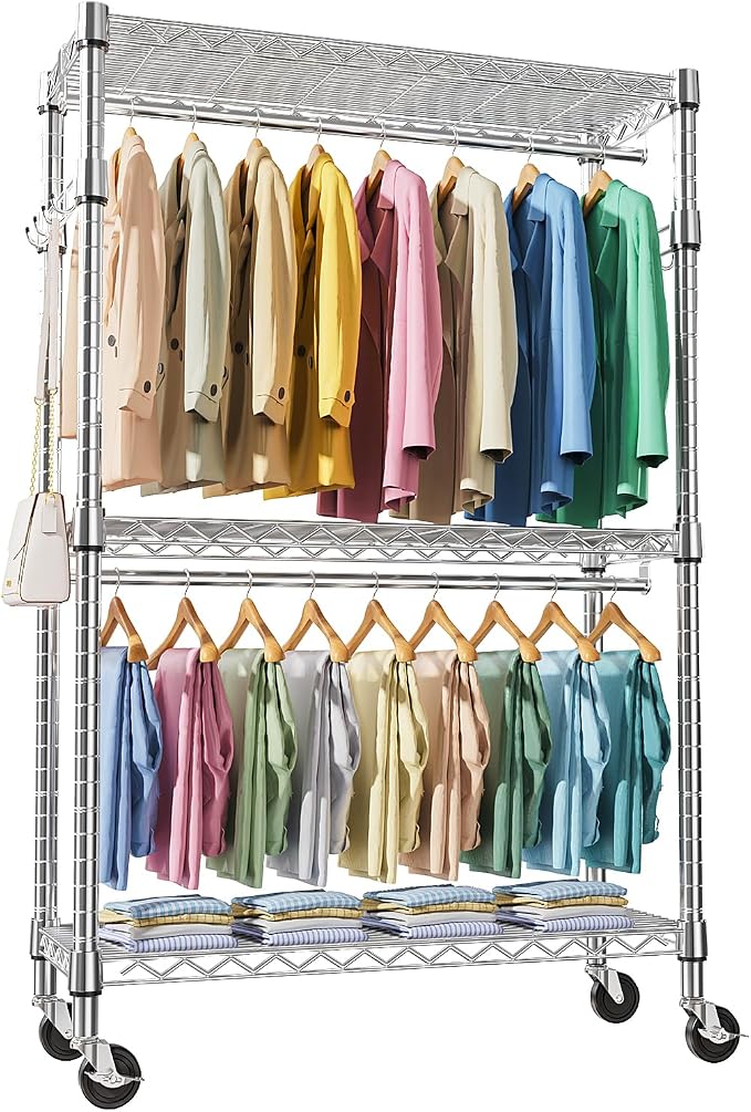 M MZG Heavy Duty Rolling Garment Rack 3 Tiers Adjustable Wire Shelving Clothes Rack with 2 Rods and Side Hooks, Storage Closet Clothing Rack with Wheels Chrome 17.7" D x 47.2" W x 83.6" H
