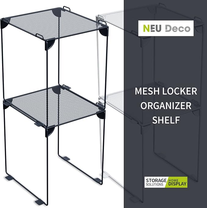 Neudeco Pack 2 Mesh Locker Shelf, Grey | Stackable, Extra Tall, Collapsible, Metal Build, Fits Standard Size School Locker