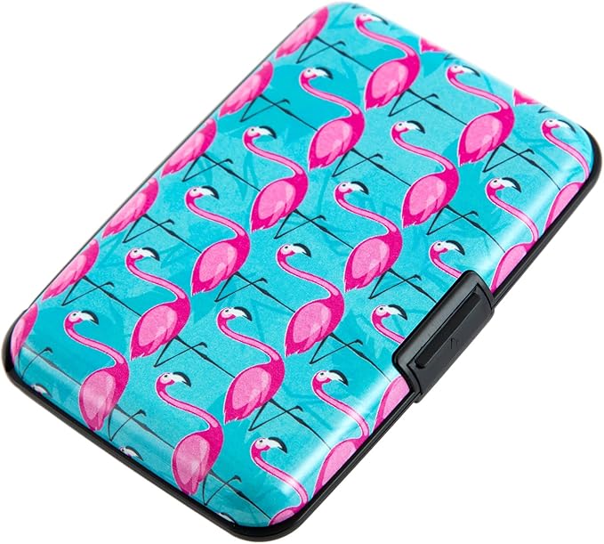 RFID Blocking Small Metal Credit Card Holder Wallet for Women Men Business Aluminum Protector Sleeves Slim Mini Cards Case (Pink Flamingos)