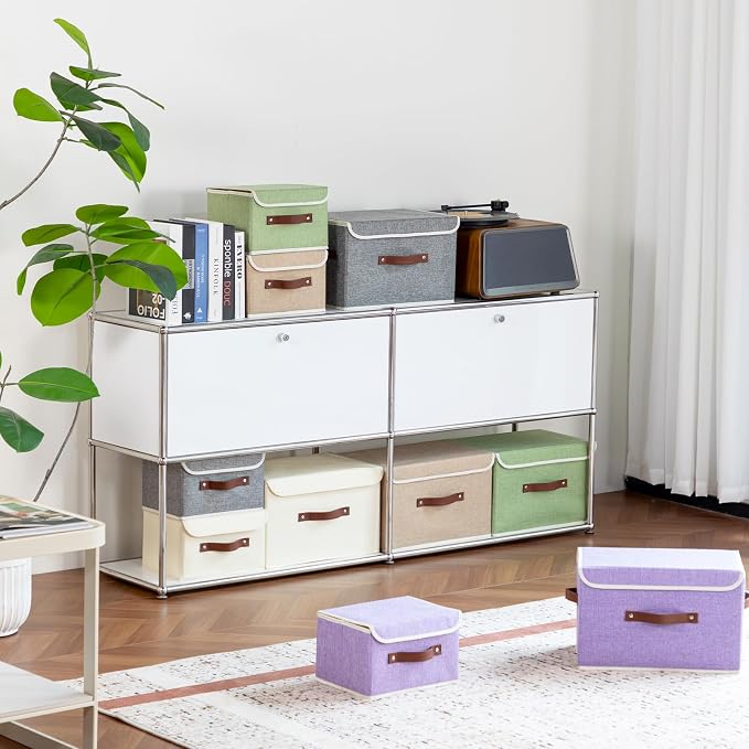 2PCS Collapsible Storage Boxes Baskets with Lid Cotton Linen Fabric Storage Bins with Faux Leather Handles Washable Cube Organizer Container for Home Closet Bedroom (Linen, Large Size)