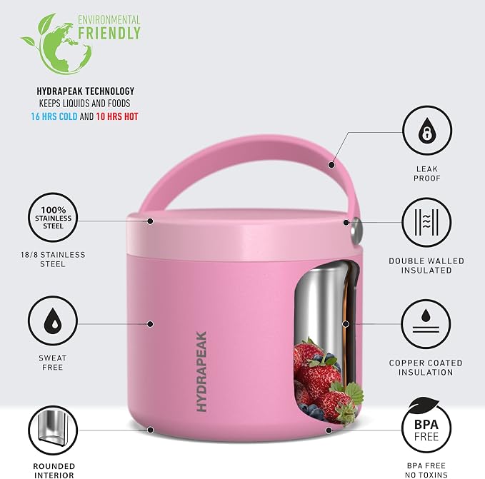 Hydrapeak 18oz Stainless Steel Vacuum Insulated Food Jar for Hot Food and Cold Food, Wide Mouth Leak-Proof Soup for Adults, 10 Hours Hot and 16 Hours Cold (Bubblegum)
