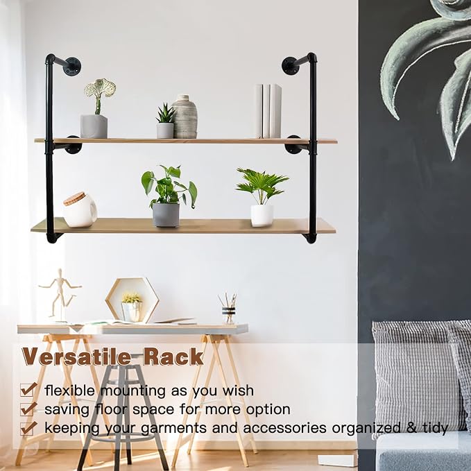 Clothes Hanger Pole Wall Mount, 72" Heavy Duty Detachable Black Iron Garment Bar Hanging Rod Holder, Clothes Rail Shelf Wardrobe Organizer for Laundry Room & Closet Storage, 3 Base