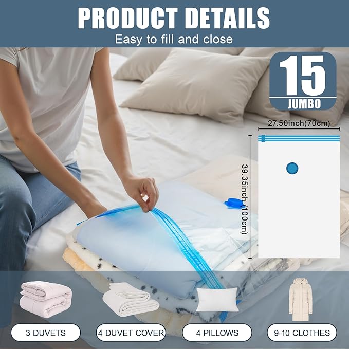 15 Jumbo Vacuum Storage Bags with Electric Pump, Vacuum Seal Bags for Clothing Space Saver Compression Storage Bag Large for Clothing Travel Comforters Blankets Pillows Bedding Duvets Clothes