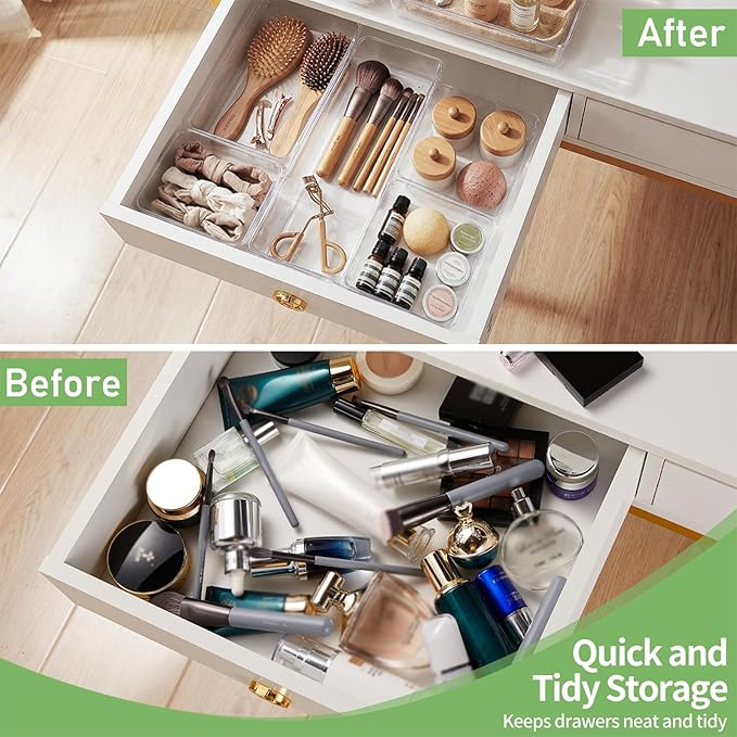 8 PCS Clear Plastic Drawer Organizer Tray, Acrylic Vanity Bathroom Drawer Organizers Trays, Small Desk Drawer Organizer Bins for Cosmetic, Makeup, Kitchen, Office, Drawer Divider Organization