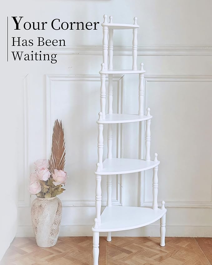 White Corner Shelf, 5-Tier Corner Bookshelf, 60" Tall | 100% Solid Wood Ladder Shelf, Small Vintage Freestanding Bookshelf Plant Stand for Living Room, Home Office, Bedroom