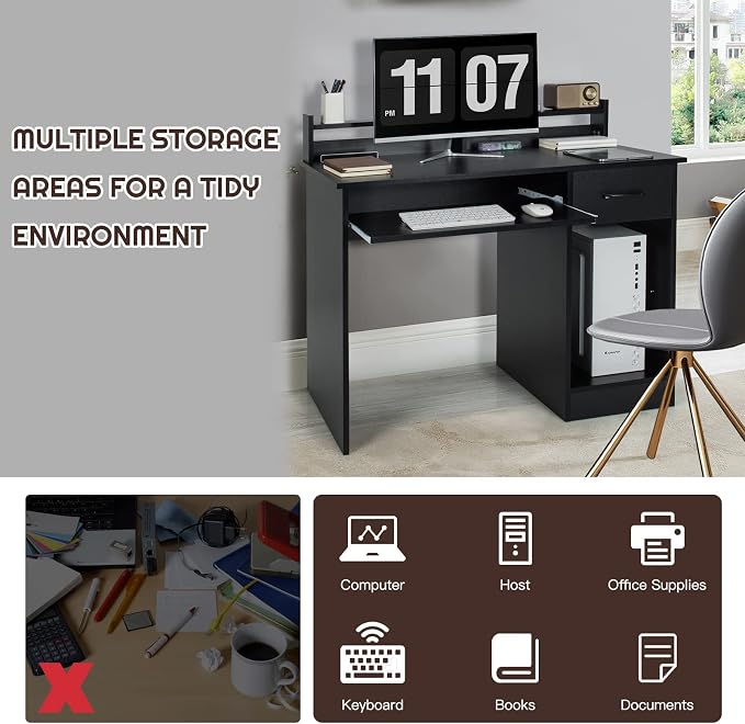 COSTWAY Computer Desk with Hutch, Home Office Desk with Drawer, Adjustable Shelf & Keyboard Tray, Study Writing Desk, Executive Workstation for Living Room, Bedroom & Study (Black)