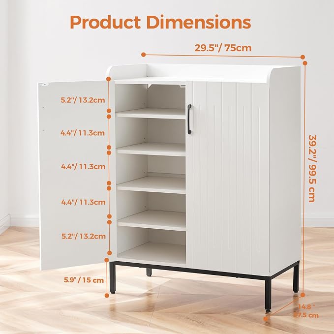 Mericonia Modern Shoe Cabinet with Metal Legs, Farmhouse Large 5-Tier Shoe Storage Cabinet with Doors, Wooden Shoe Organizer for Entryway, Hallway, Closet, Bedroom, Living Room, White