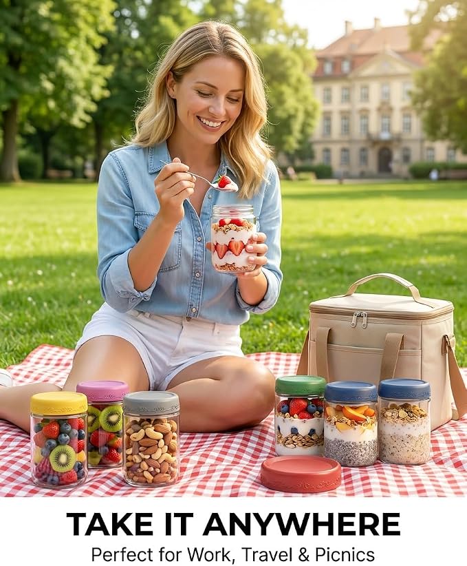 16oz 4Pack Glass Overnight Oats Jars Containers with Airtight Leakproof Lids, Reusable Mason Jars for Meal Prep, Yogurt Parfaits, Smoothies, Salads & Healthy Breakfasts (16 OZ-4-1)