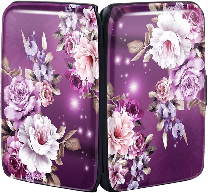 Credit Card Holder for Women,RFID Blocking Slim Hard Mini Flowers Card Case ID Case Travel Wallet Purple