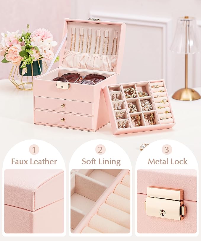 Homde Small Jewelry Box for Girls: 3-Layer Lockable Organizer (Blush Pink) | Removable Tray&Dividers for Flexible Storage - Sort Earrings&Rings&Necklaces for Beginners - Birthday Gift for Teens